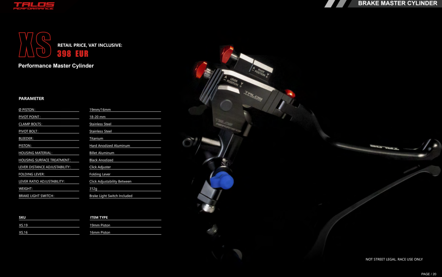 Talos CNC XS Radiale Racing Pompa freno 16x18-20 | XS.16 