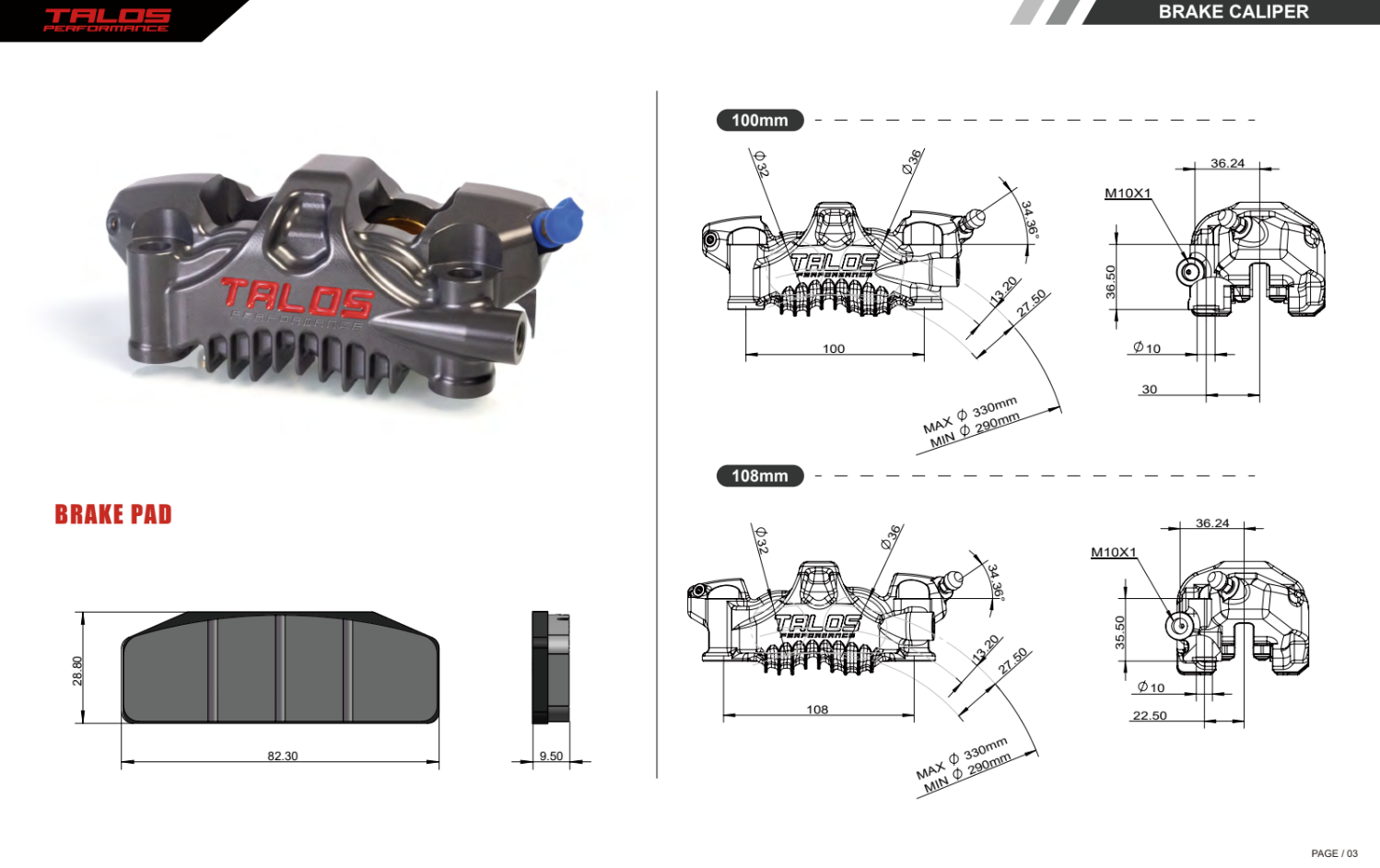 TASLOS X75 SBK Racing Monoblock P4 32/36 Freno da freno 108 mm Freno a destra | X75.108.hd.r