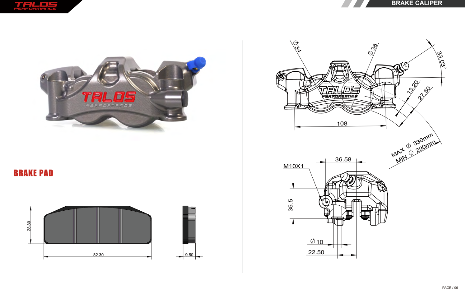 TASLOS X80 SBK RACING MONOBLOCK P4 34/38 Freno da freno 108mm Freno a destra | X80.108.hd.r