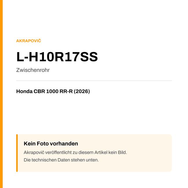 Akrapovic Zwischenrohr Honda CBR 1000 RR-R (26-26) L-H10R17SS — Platzhalter, kein Herstellerfoto verfügbar