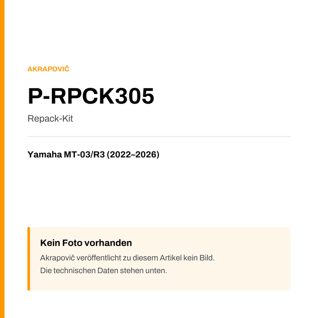 Akrapovic Repack-Kit Yamaha MT-03 / R3 (22-26) P-RPCK305 — Platzhalter, kein Herstellerfoto verfügbar