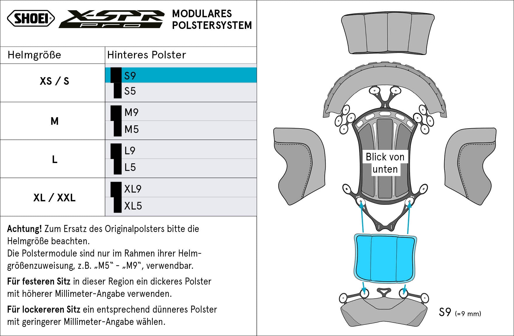 Pad di testa di shoei sul type-p posteriore S9 (XPRO) per X-Sppr Pro