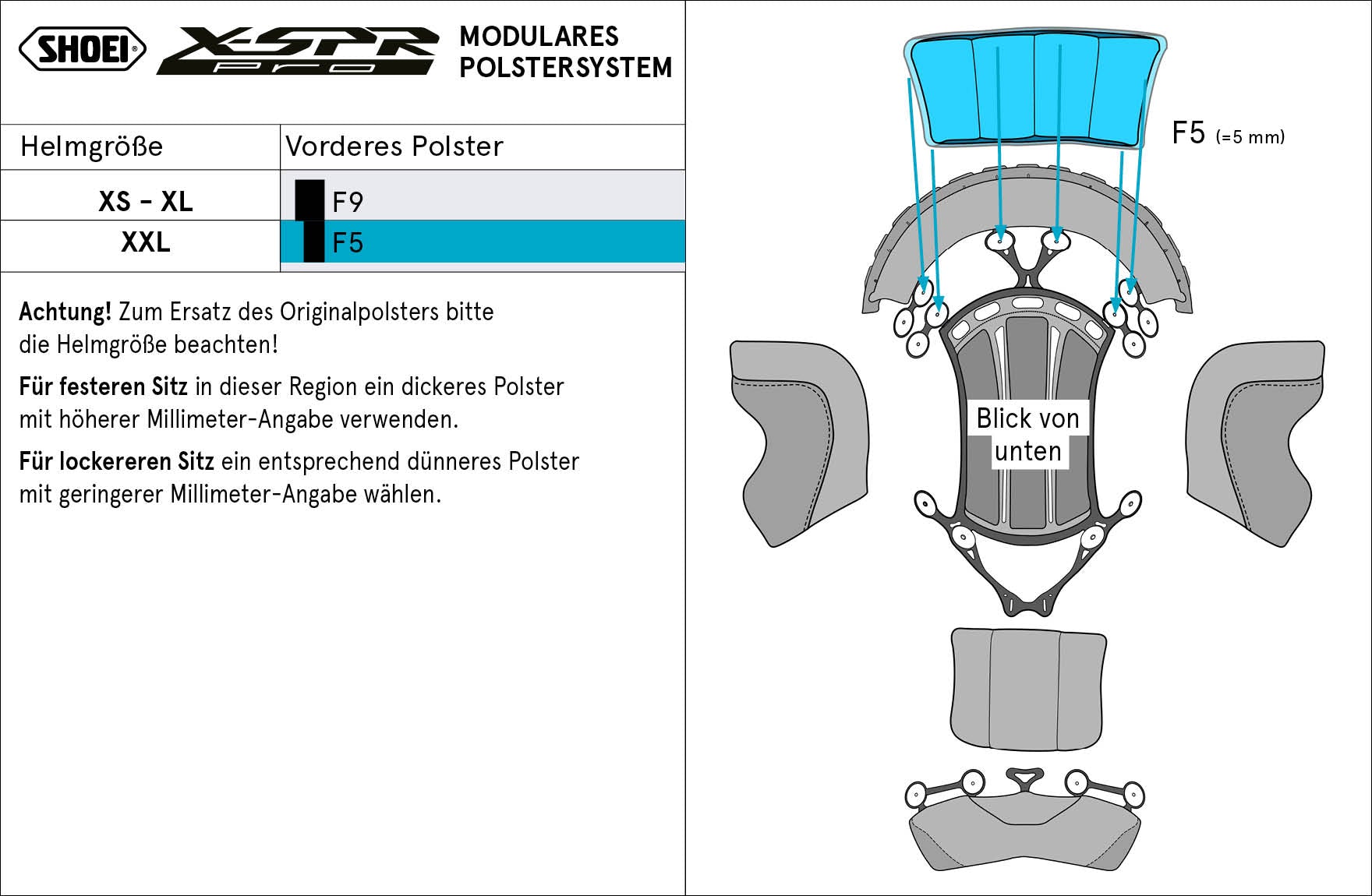 Shoei Head Pad sul Fier F5 (XPRO) di F5 anteriore per X-Sppr Pro