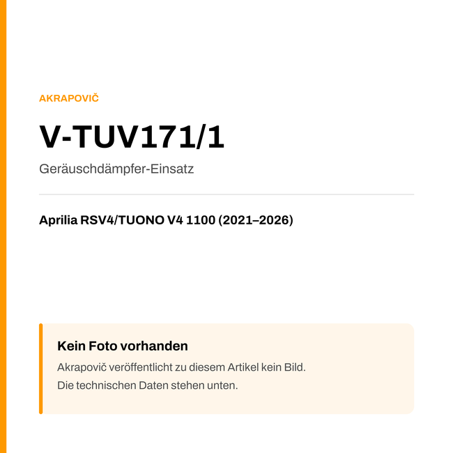 Akrapovic Geräuschdämpfer-Einsatz Aprilia RSV4 / TUONO V4 1100 (21-26) V-TUV171/1 — Platzhalter, kein Herstellerfoto verfügbar
