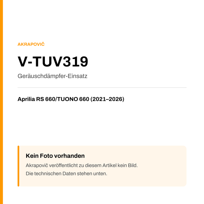 Akrapovic Geräuschdämpfer-Einsatz Aprilia RS 660 / TUONO 660 (21-26) V-TUV319 — Platzhalter, kein Herstellerfoto verfügbar