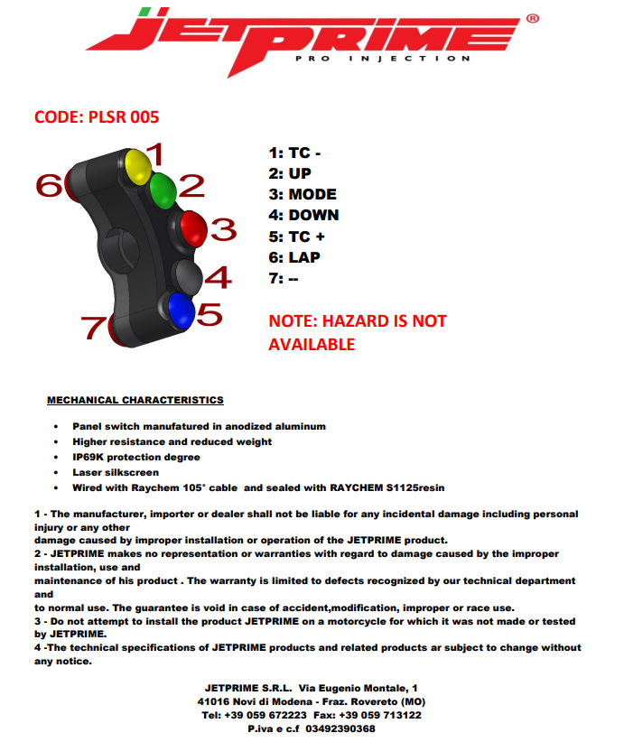 Interruttore manubrio Race sinistro JetPrime Ducati Panigale 899 (13-16) JP PLSR 005 