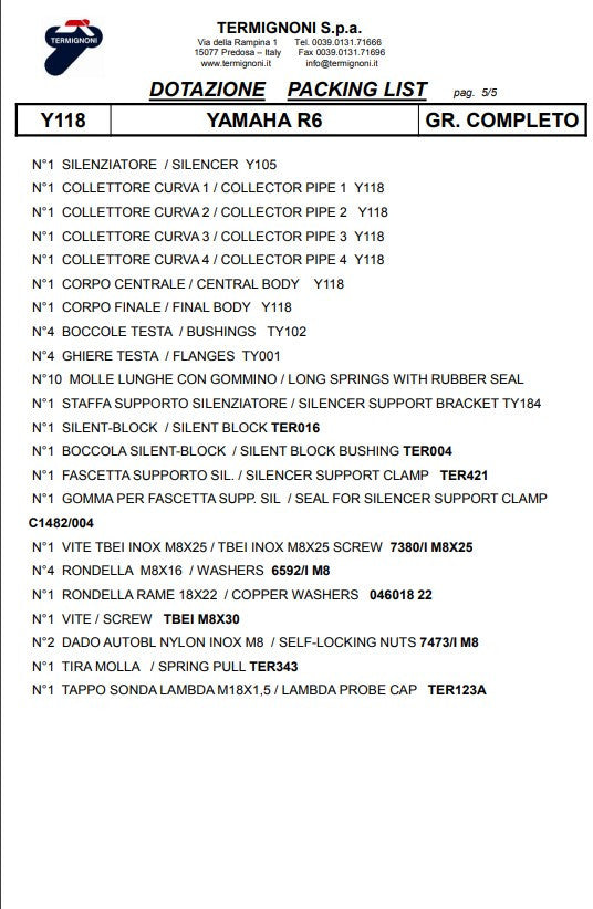 Termignoni Sistema completo Titanio Kit-SSP Versione Yamaha YZF-R6 (06-25) Y11810200TCC