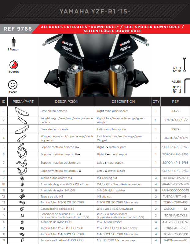 Spoiler Winglets Puig Downforce Yamaha YZF-R1/M RN32 RN49 (15-19) 9766 