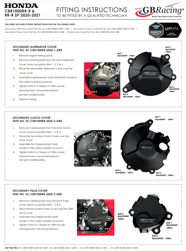Protettori del coperchio del motore Completo set gBracing Honda CBR 1000 RR-R SC82 (20-25)