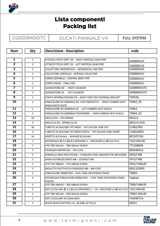 Ternignoni Sistema completo in acciaio inossidabile D200 RHT Ducati Panigale V4 R (19-24) D20009400ITC