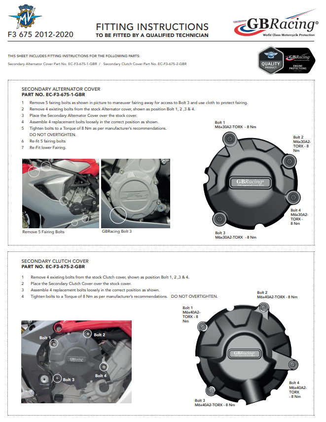 Protezioni per il coperchio del motore Completa set gbracing mv agusta f3 675/800 (12-25)
