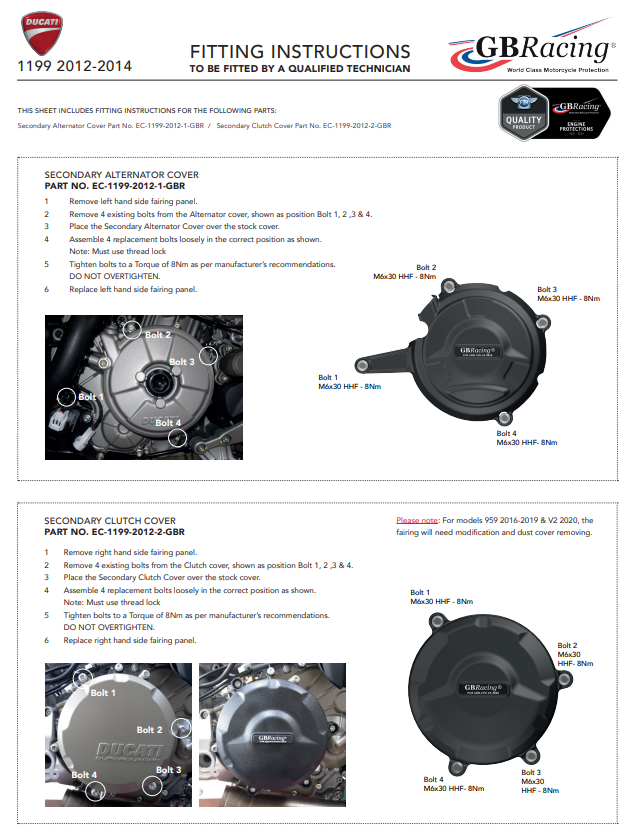 Avvistamento Macchine Protettore Copertura protettiva GBracing Ducati Panigale 1199/S/R (12-17)