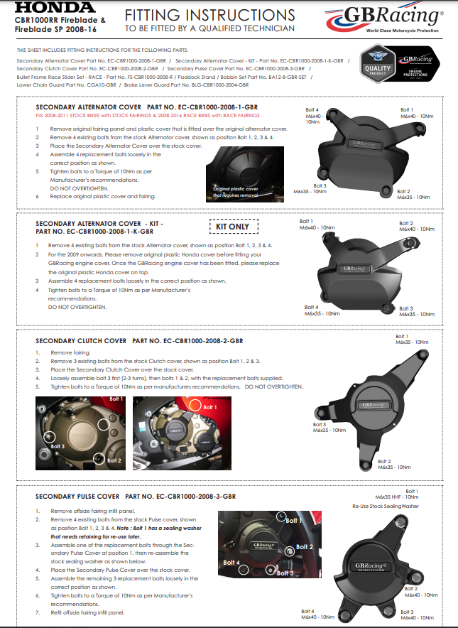 Avvistamento Machine Protettore Copertura protettiva GBracing Honda CBR 1000 RR (08-16)