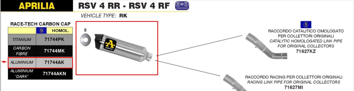 Arrow Slip-on Race-Tech Alluminium Aprilia RSV4/RR/RF (15-16) 717444AK