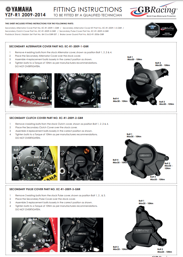 Protezioni per coperchi del motore Completo set gbracing yamaha yzf-r1 (09-14)