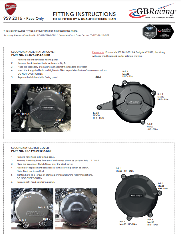 Protezioni del coperchio del motore Completa set gbracing Ducati Panigale 959 (16-19)