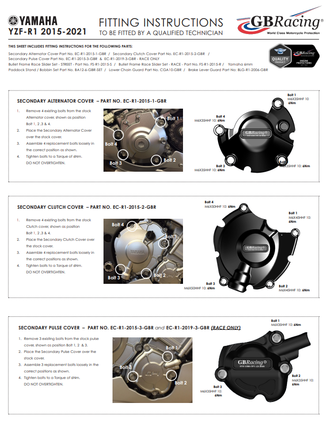 Avvistamento Macchine Protettore Copertura protettiva GBracing Yamaha YZF-R1/M RN32, RN49 e RN65 (15-25)