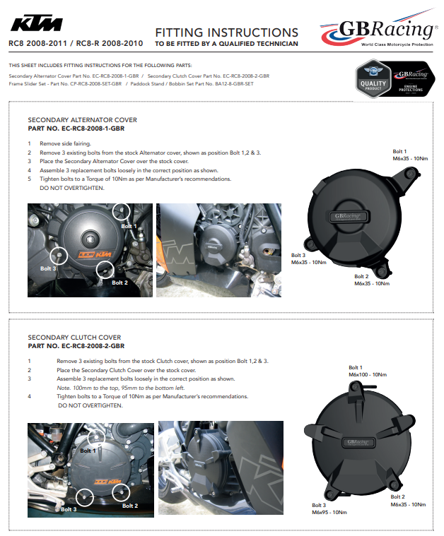 Copertura di protezione per protezione per coppa GBracing KTM RC8/R 1190 (08-16)