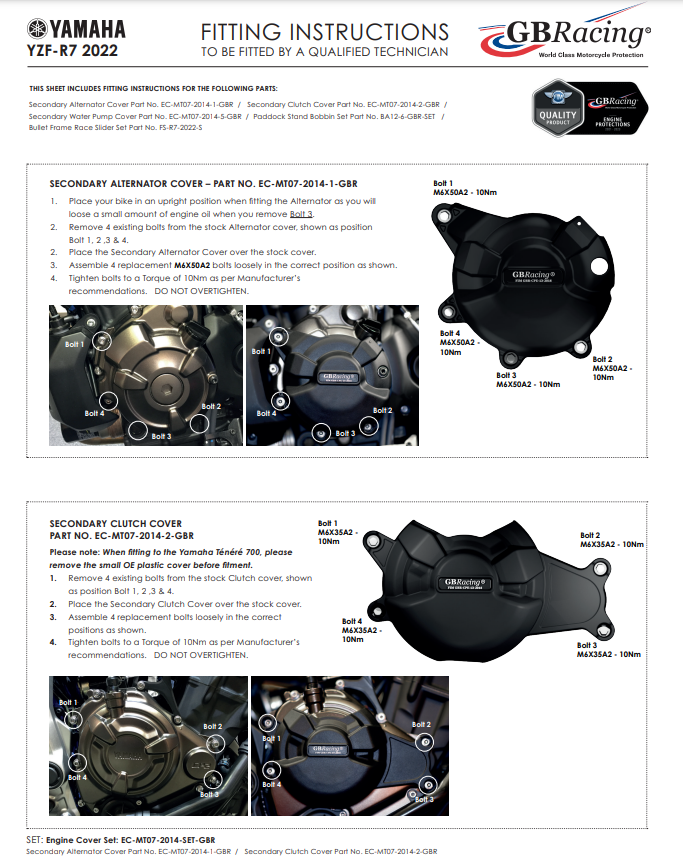 Cover di protezione della protezione dell'accoppiamento GBracing Yamaha YZF-R7 (22-25)